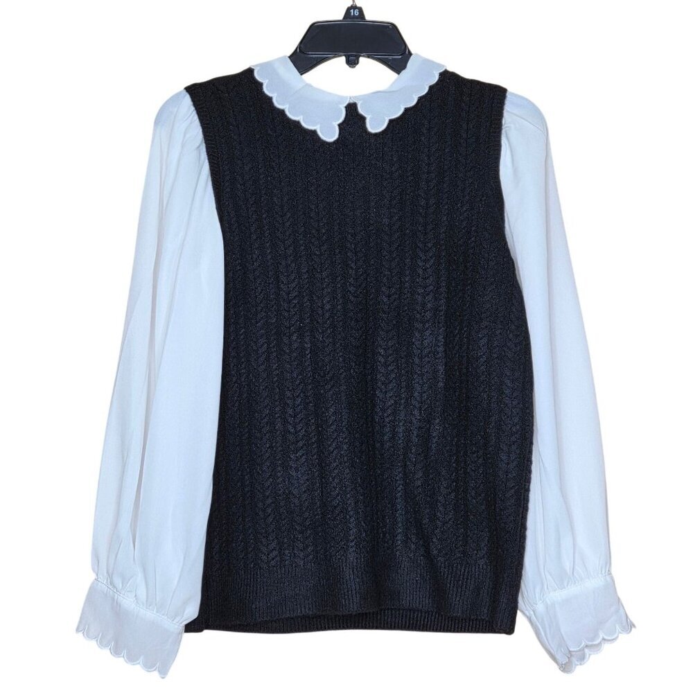 NWT CeCe Women's Knit Point Collar Long Sleeve Twofer Scalloped Sweater